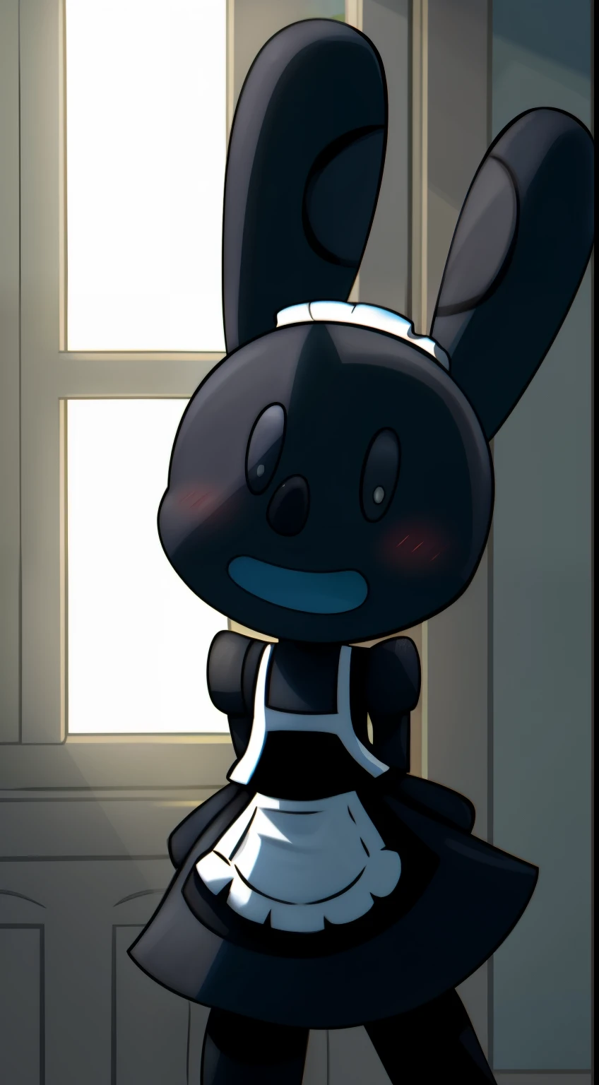 Oswald, Armless, Missing weapons, no weapons, black eyes, big and wide mouth, like, There are white dots on the ears, whole body, Maid costume, Shy expression, expressive, Blushing more, Dynamic angle, bedroom, window, Sunlight, furniture, The art of detail, Intricate details