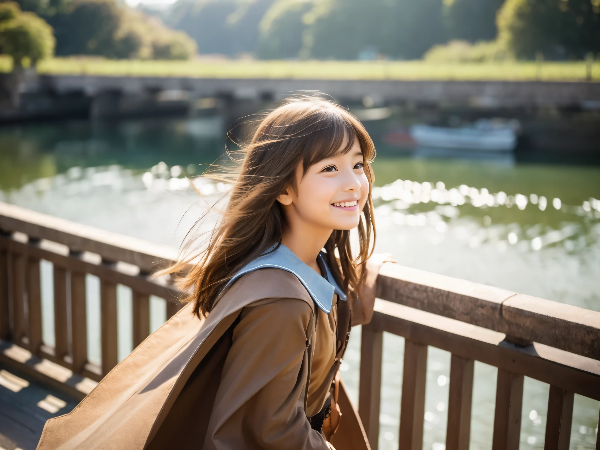 young
(girl)
hair swaying in the wind
(brown hair)
calm smile
set up clothes for kids
(Girl's costume)
Calm river seen from the bridge
Japanese face