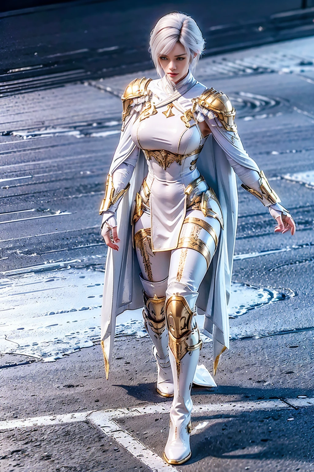 8k, HDR, ultimate-realistic texture, sharp texture, highres, best quality. Futuristic character, Full body, slender, (slim body), tall and fit body, short hair, white hair, wearing gold uniform, white body stocking, wearing pants, boots, wearing (knee guard), gloves, pauldron with cape. standing perfectly in the castle.