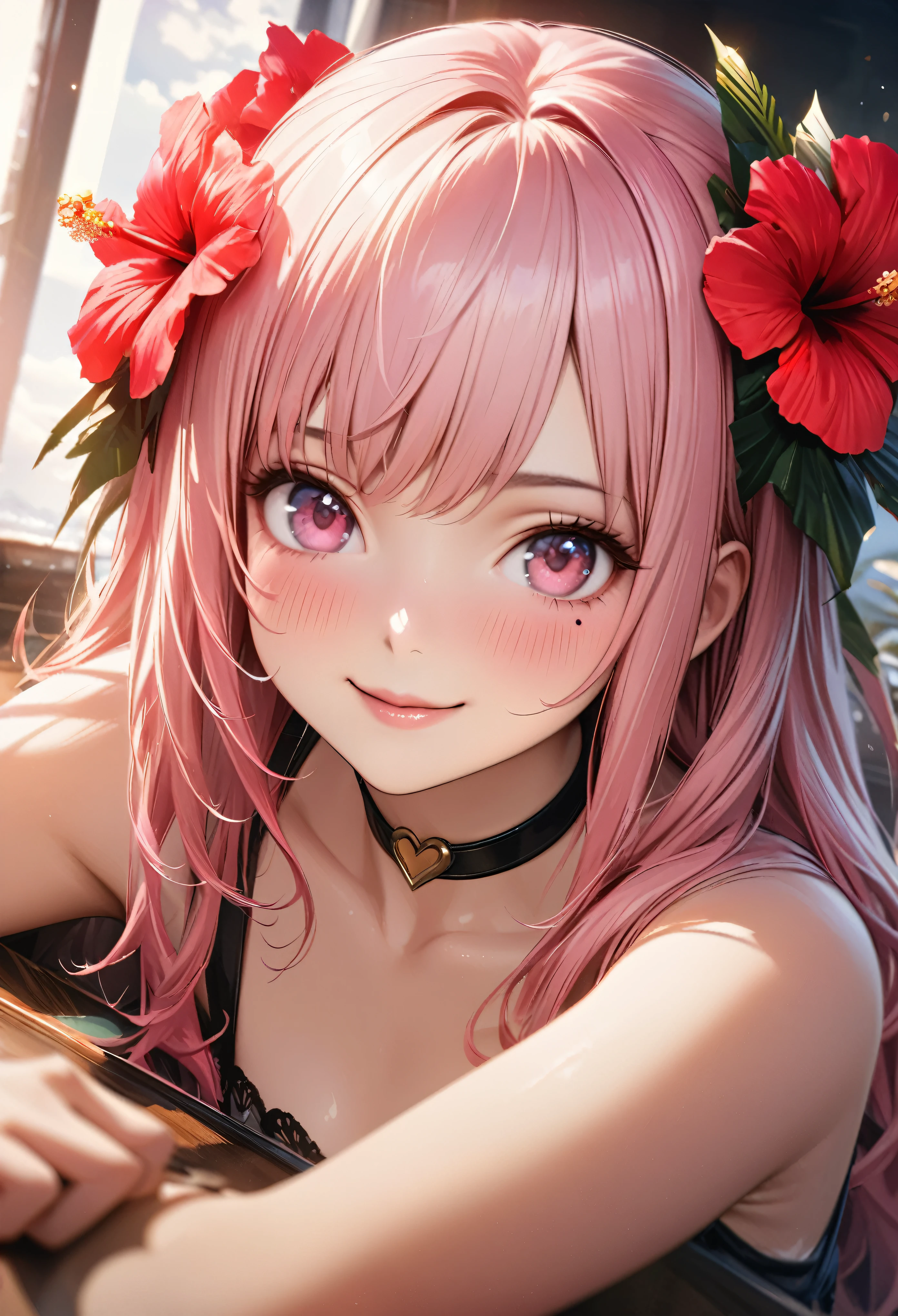 masterpiece, highest quality, Very detailed, High resolution, Expensive resolution, High resolution, 4K, 8k, unity 8k wallpaper, Very detailed CG, masterpiece, Realistic、 Beautiful details, depth, Fine texture, highest quality: 1.3, Total concentration, Crisp skin, he, Very cute anime, Cute like an idol, expensive pink long hair, One Girl, Aloha One Piece, morning, Breakfast, Hibiscus Hair Accessories, Smiling long pink hair, whole body, Mole under eye, Line Sight, expensive, blush, Lips parted, heart, Pink Eyes, choker