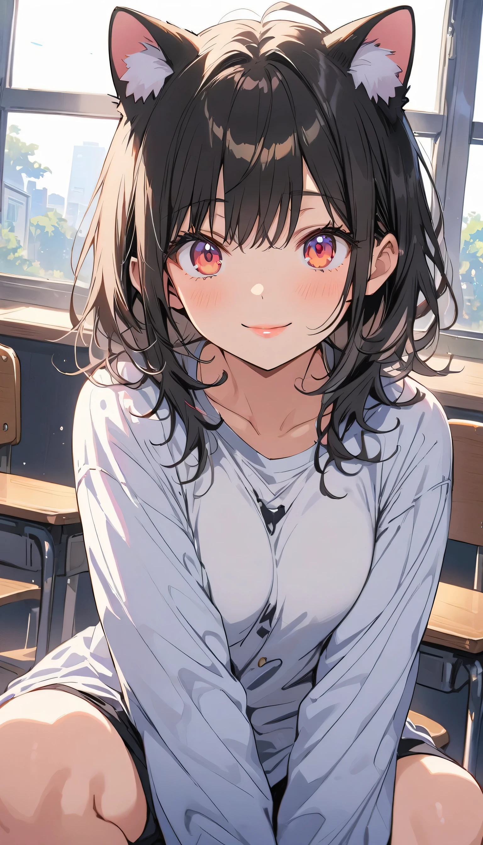 ((masterpiece)),((highest quality)),Absurd,, One girl, One boy, Squatting cowgirl, throw, , Exposed panties, , (classroom:1.1), sunlight, ,  (Half-closed eyes:0.4), (Lips parted:1.4),  A light smile, (Nervous),(highest quality、masterpiece、High resolution、detailed)anime style、flat style、(Shining Eyes、Beautiful Face),  BREAK,anime