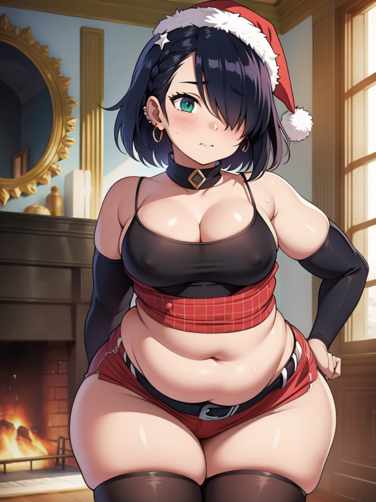 ((Masterpiece)), perfect anatomy, perfect shading, field of depth, (best quality), extremely delicate and beautiful, perfect lighting, detailed face, ultra cute face, cute, (cowboy shot 1.2), full body, ((1girl)), ((solo)), goth girl.
short hair, fluffy hair, black hair, (hair over one eye), pale skin, green eyes, piercings, ((blush)), (embarrassed), extremely tight clothes, medium breasts, cleavage, perky breasts, ((wide hips)), (((thick thighs))), ((chubby)), pudgy belly, fat rolls, belly hang,
living room, fireplace, house, intricate background, detailed background, santa hat, santa outfit (re crop top 1.5), (red short skirt 1.5), holding plate of cookies,