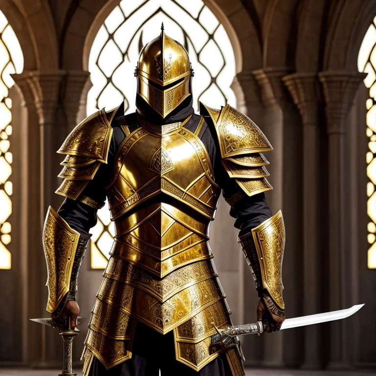 Modern Heavily armored knight, masterpiece, medieval, detailed armor, fantastic armor, golden armor, in a mosque, amazing and unique sword in his hand, full body, solo,