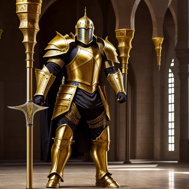  Modern Heavily armored knight, masterpiece, medieval, detailed armor, fantastic armor, golden armor, in a mosque, amazing and unique sword in his hand, full body, solo,  