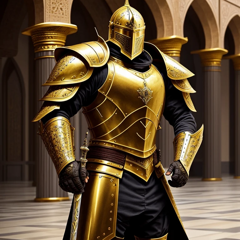 Modern Heavily armored knight, masterpiece, medieval, detailed armor, fantastic armor, golden armor, in a mosque, amazing and unique sword in his hand, full body, solo,