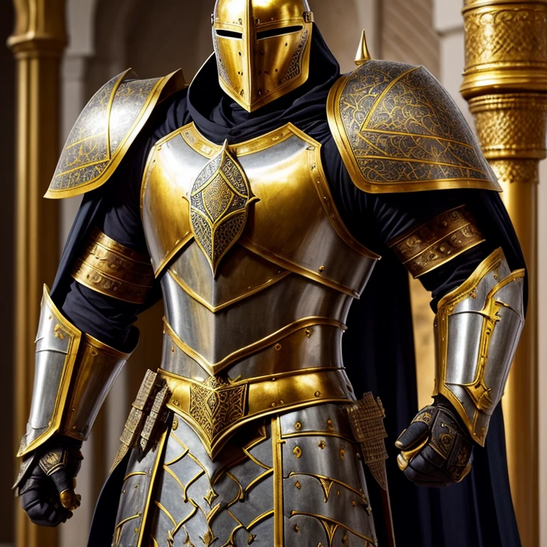  Modern Heavily armored knight, masterpiece, medieval, detailed armor, fantastic armor, golden armor, in a mosque, amazing and unique sword in his hand, full body, solo,  