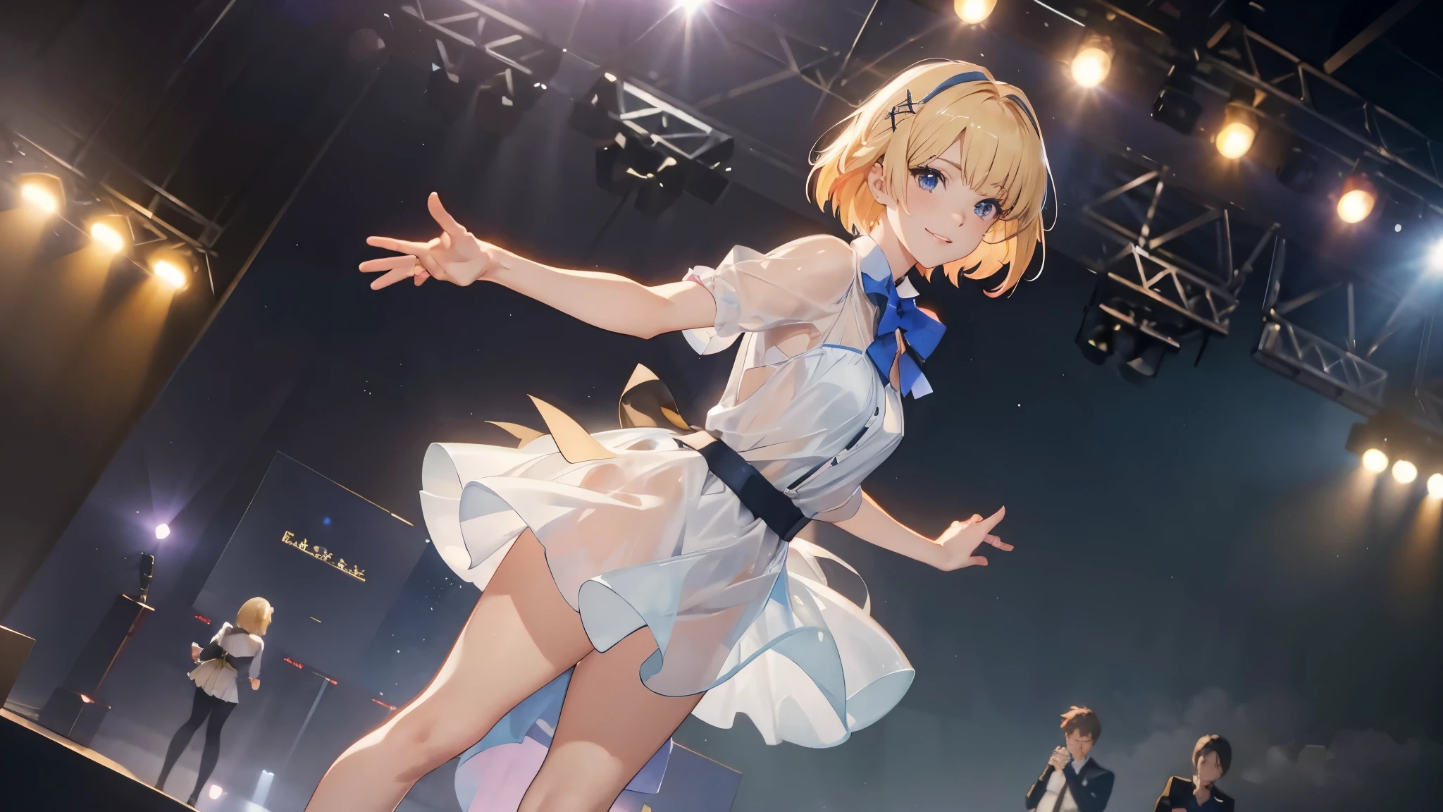 (RAW photo:1.2, photorealistic:1.3), masterpiece:1.4, best quality:1.3, Highest details:1.3, beautiful and aesthetic, extremely detailed CG unity 8k wallpaper,( vibrant colors:1.1), high resolution, see-through white short dress and a bow tie, anime visual of a cute girl, official character art, anime girl, official art, single character full body, anime full body illustration, full body portrait of a short!, female anime character, as an anime character, a-1 pictures, full body with costume, rei hiroe, anime best girl, blond bob hair, on the stage, dynamic pose, dancing, smile,