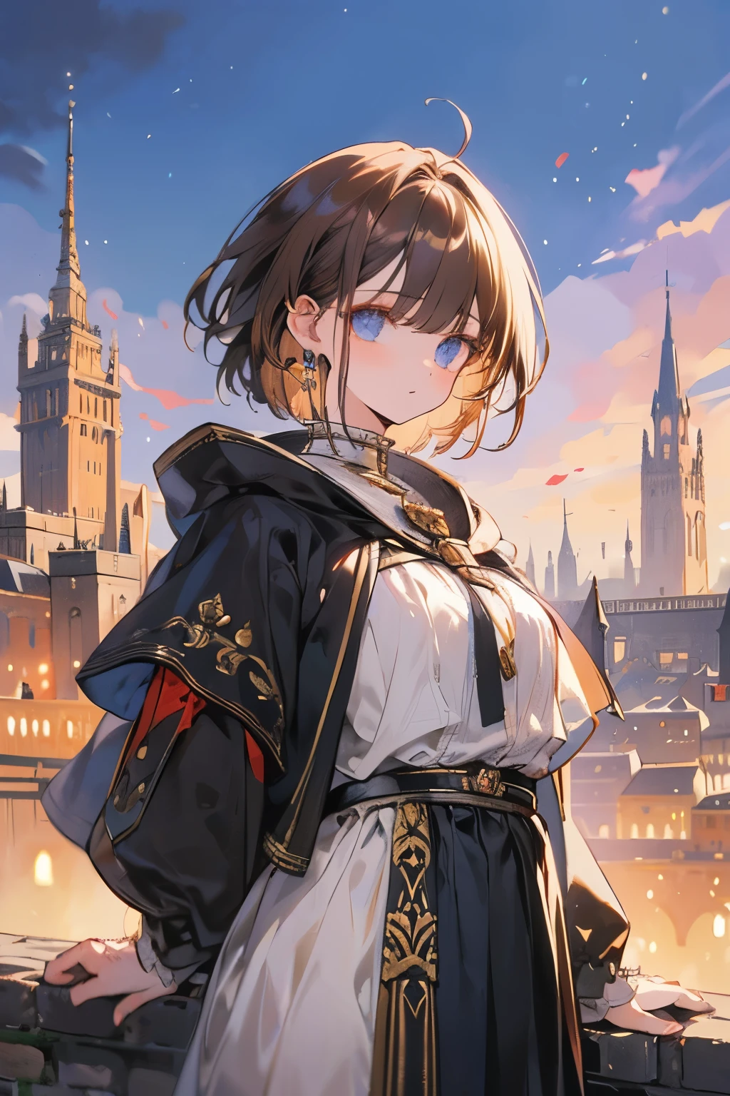 ((Masterpiece:1.2, Best quality)), 1girl,, (fantasy cloth), light brown hair, short hair, Fantasy city scape high details, medival city in background,sky background(cloundy), low noise, sky, dark foreground, days,
