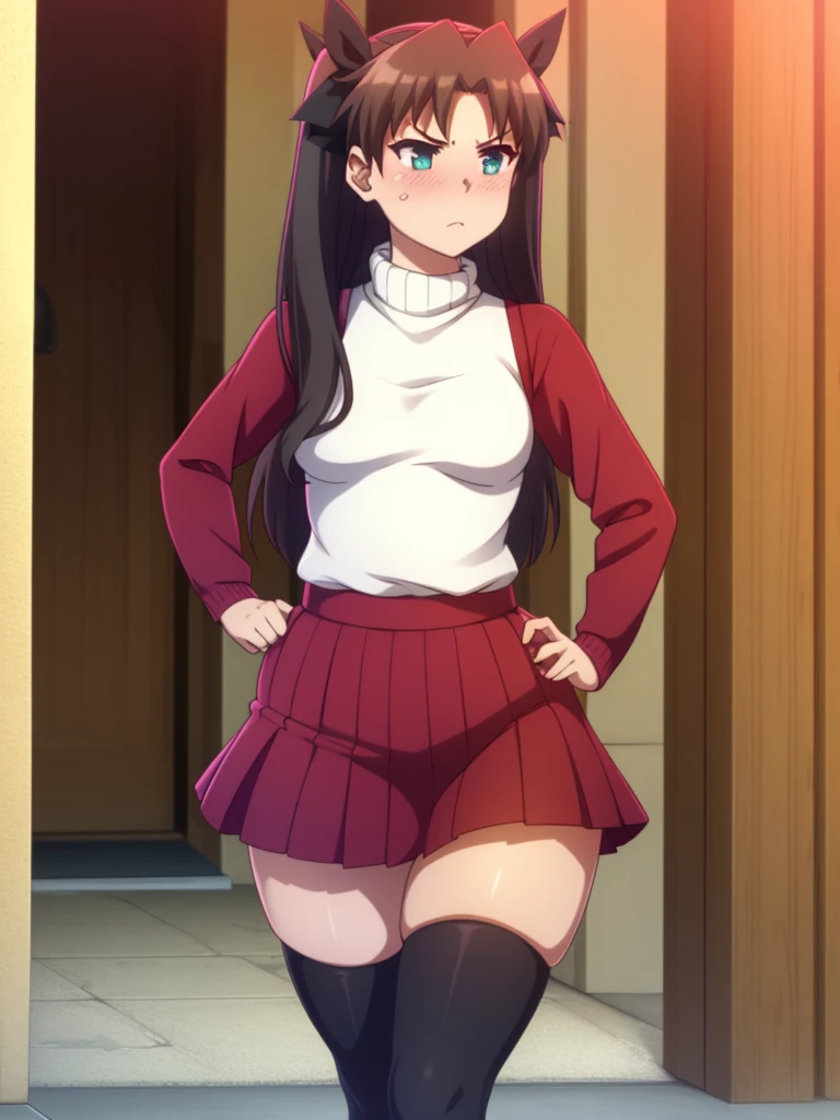 ((kipteitei art)), ((masterpiece)), (((best quality))), ((ultra-detailed)), (((illustration))), detailed face, ultra cute face, detailed body, ((1girl)), ((solo)), ((Rin Tohsaka)), aqua eyes, black hair, hair ribbon, long hair, ribbon, sidelocks, black thighhighs, long sleeves, miniskirt, pleated skirt, red sweater, skirt, sweater, turtleneck, looking at viewer, tsundere, blush, annoyed, small breasts, perky breasts, (wide hips), ((thick thighs)), walking down the street, town,