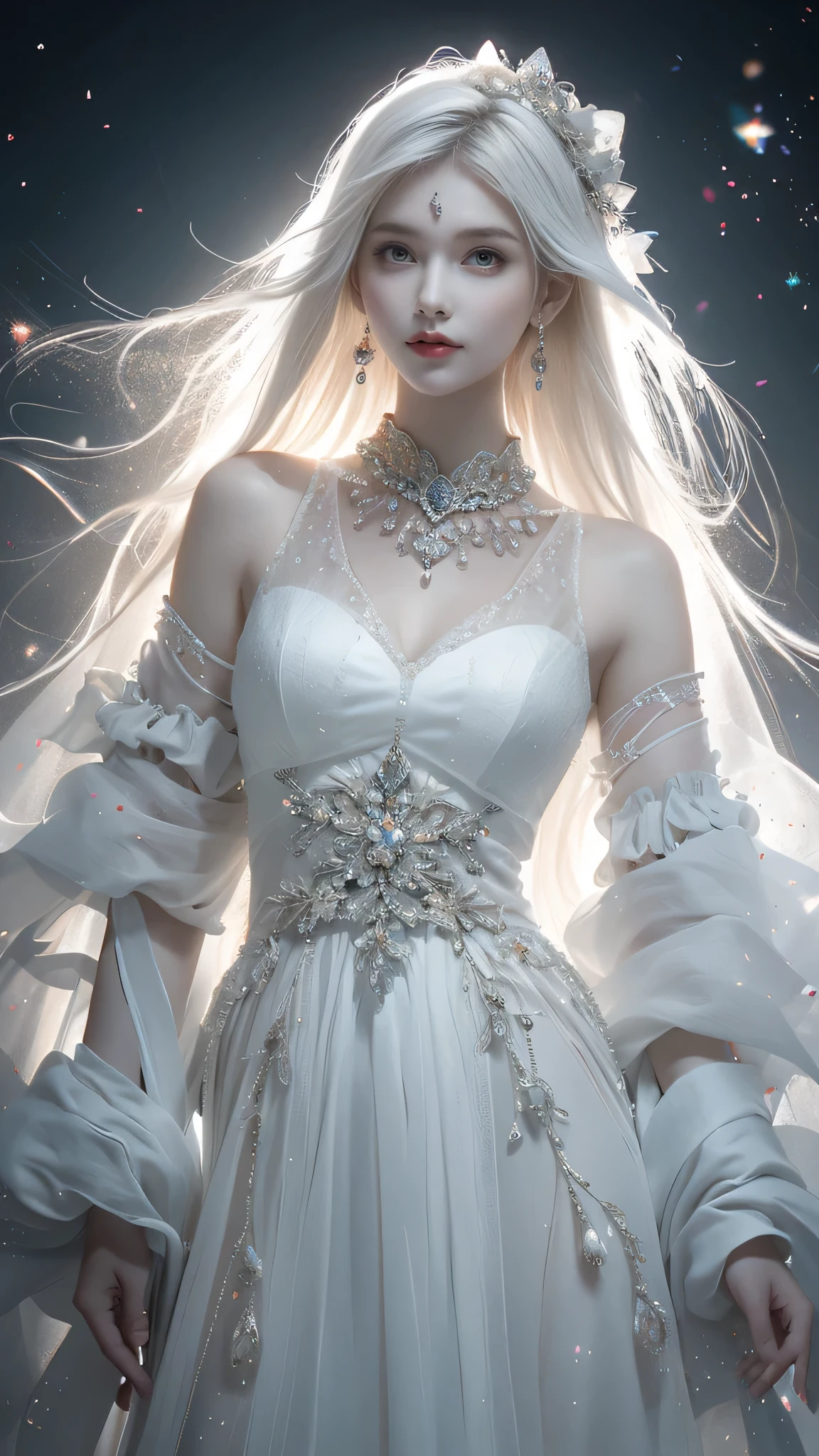 Extremely beautiful girl，Long white hair，Big bright eyes，fair and translucent skin，Red lips，Oval face，Ruddy complexion，Realistic and delicate facial features，crystal necklace，earrings，Exquisite hair accessories，White antique clothes，Rejoice smooth hair，Charming temperament，Extreme details，Realistic details，（masterpiece），（best quality），（Super exquisite），（illustration），（Extremely delicate and beautiful），（Dynamic Angle），Neon highlights，Personification，Crystal elements，（Intricate details）（Beautiful and refined eyes），Delicate face，Half-length close-up，Pearl decoration on the head，（cute），focus，（Fantasy wind），White fairy gauze clothes，（Intricate details），20 years old，Clamp style，Clear lines，Magic Effects，high resolution
