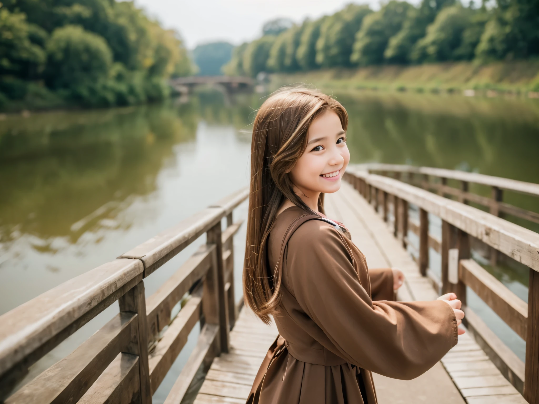 young
(girl)
hair swaying in the wind
(brown hair)
calm smile
set up clothes for kids
(Girl's costume)
Calm river seen from the bridge
Japanese face
