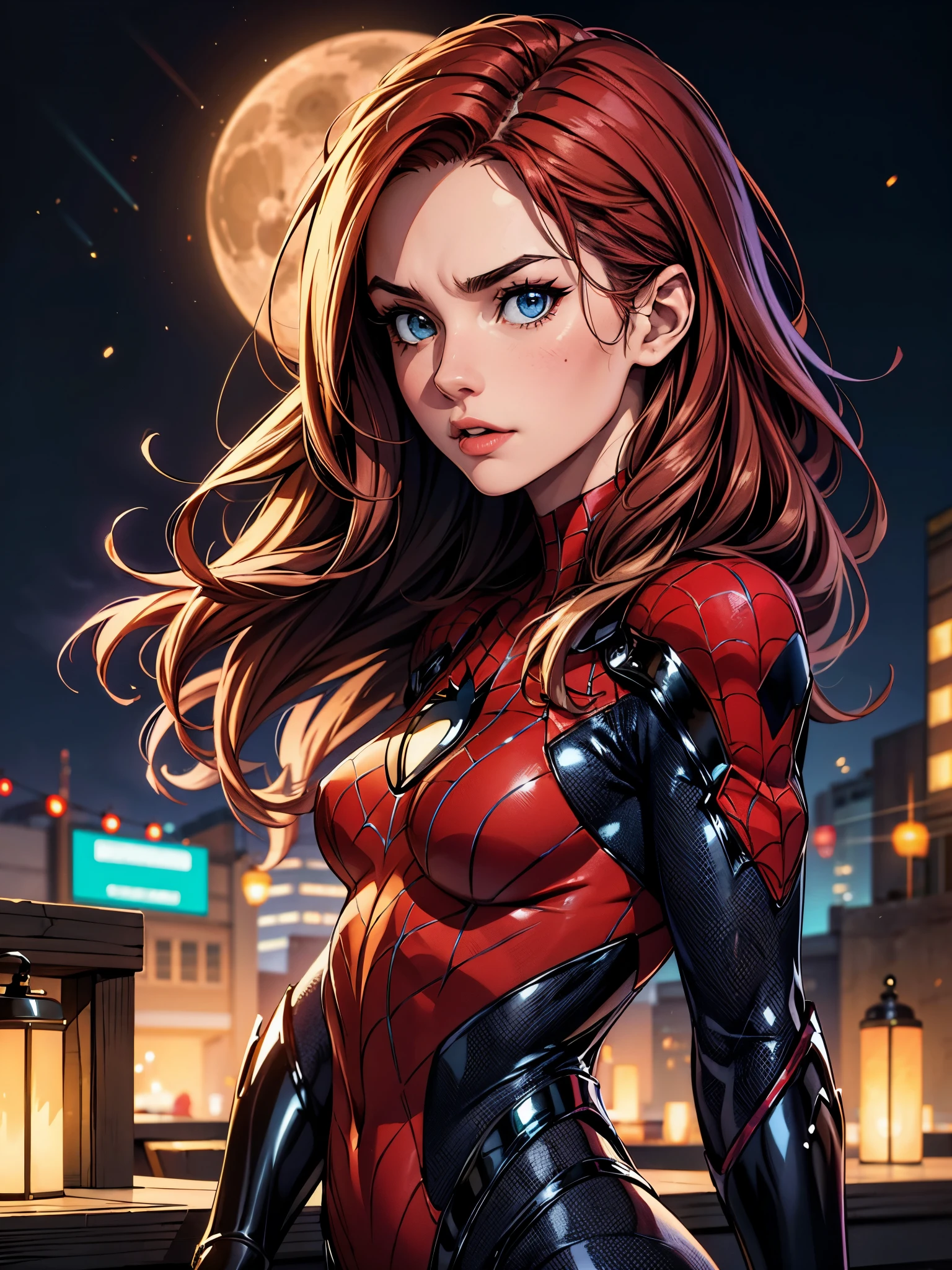 (best quality, masterpiece, colorful, dynamic angle, highest detailed) upper body photo, fashion photography of cute, (long red hair:1.3), Mary Jane Watson in spiderman suit, (ultrahigh resolution textures), in dynamic pose, bokeh, glowing wentricate details, hyperdetailed:1.15), detailed, moonlight passing through hair, perfect night, fantasy background, (official art, extreme detailed, highest detailed), HDR+