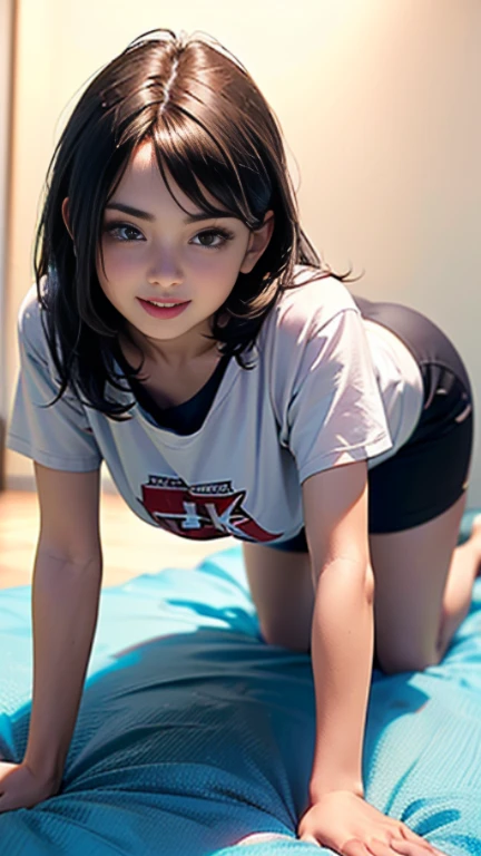 (mejor calidad, 8k, high resolution, fotorrealista:2.0), (solo, Una chica:2.0),(Encendiendo: frente),(Encendiendo: fuerte),(Ultimate Beautiful Girl:2.0),(Piel brillante:1.5),(piel grasosa:1.5),(cabello rubio platino:1.5),Blush Brown Makeup , maquillaje de ojos oscuros , Wear bright pink lipstick,(chica de ojos grandes:1.5),(amazing sex appeal girl:1.5),(mujer gateando a cuatro patas:1.5),(Woman crawling on all fours on a clean bed:1.5),(pechos grandes),(Se ve un atisbo de escote.),(Una mujer sonriendo al espectador.),(Usar una camiseta con escote profundo.:1.5),(Camiseta muy ajustada:1.6),(Una mujer llena de erotismo)