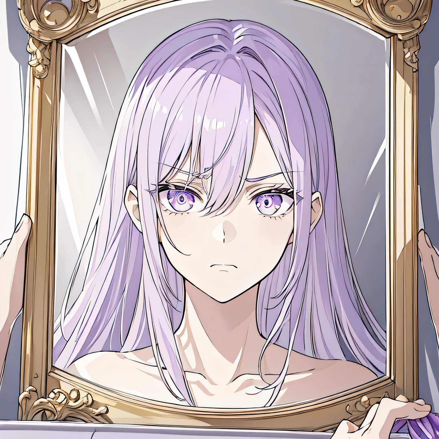 ((best quality)), ((masterpiece)), (detailed), ((mirror reflection)), ((above the shoulders only)), ((Only 1 person)), perfect face. 1man, androgynous, long lilac hair, golden eyes, looks displeased and horrified, ((close-up)), naked.