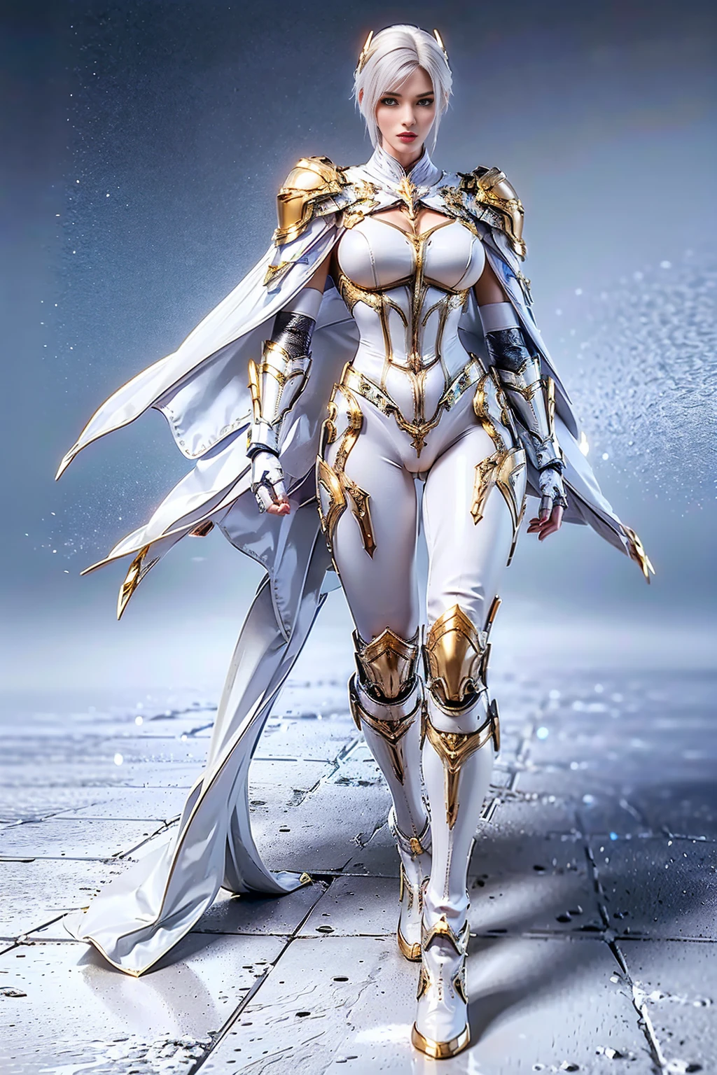 8k, HDR, ultimate-realistic texture, sharp texture, highres, best quality. Futuristic character, Full body, slender, (slim body), tall and fit body, short hair, white hair, wearing gold mecha armor, white body stocking, wearing pants, boots, wearing (knee guard), gloves, pauldron with cape. standing perfectly in the castle.