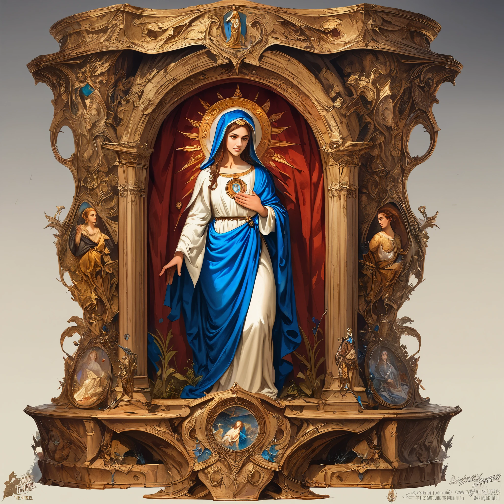 A beautiful ultra-thin Realistic portrait of the Virgin Mary, White outfit with blue details, ((Divinity)), whole body, Biblical, Realistic, Intricate details, Abbott Fuller Graves, Bartolomé Esteban Murillo, JC Leyendecker, Craig Mullins, Peter Paul Rubens, (Caravaggio), Art Station Trends, 8k, Concept Art, Fantasy art, PhotoRealistic, Realistic, figure, oil, Surrealism, HyperRealistic, brush brush, Digital Art, style, watercolor