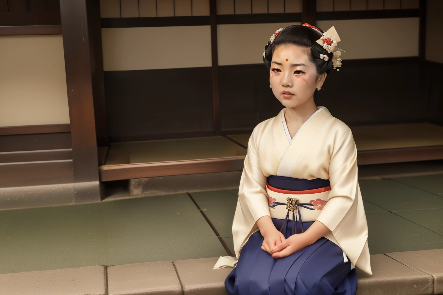 Kioto, 1935. A little ((((15-year-old)) Hatsumiyo)), round face, chubby cheeks, skinny figure, kind, gentle, sittin on a street bench, ((((crying)))), ((((geisha girl clothings from the 1930s)))), ((geisha hairstyle of the 1930s)), color