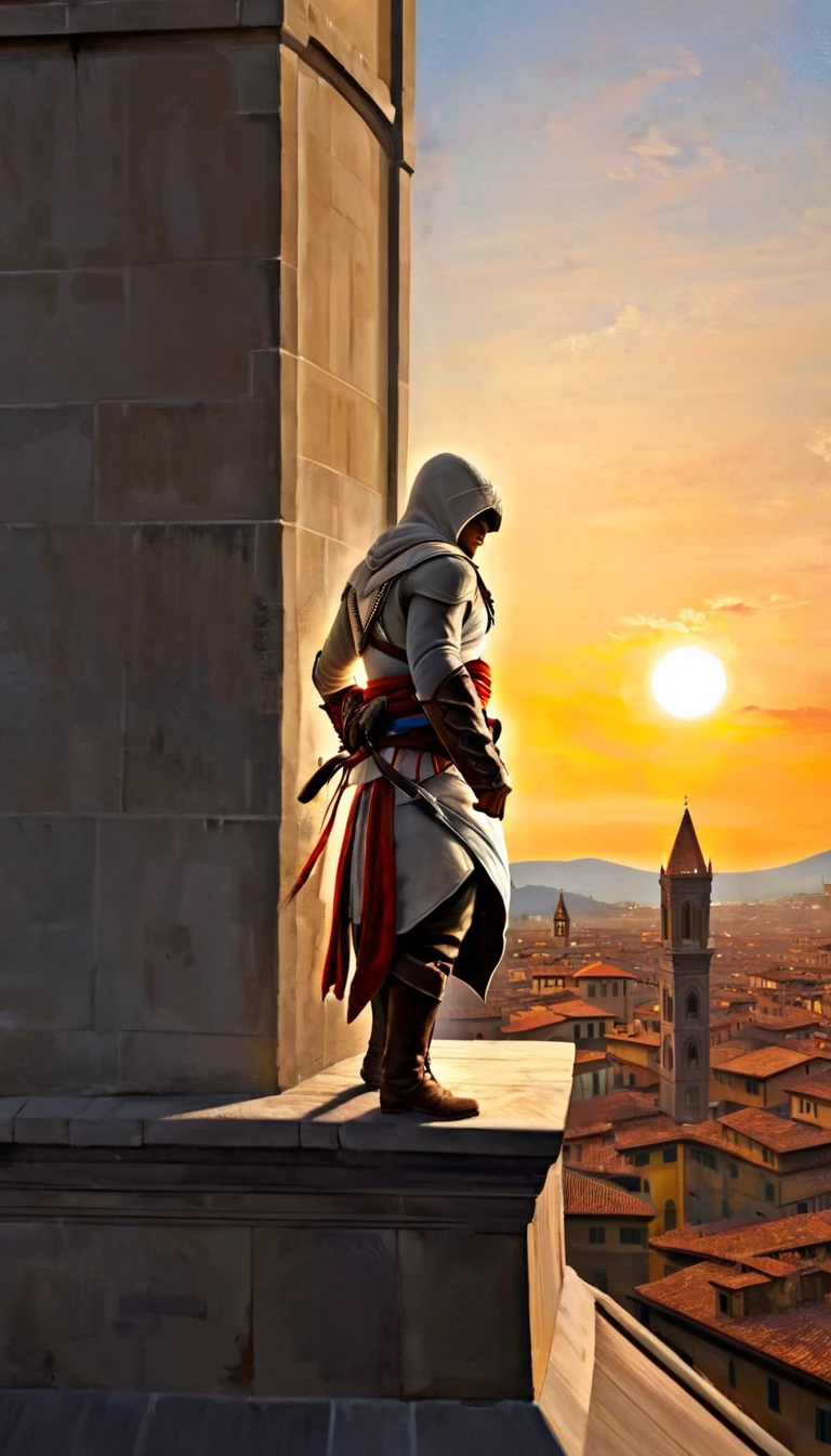 digital painting, (Assissin's Creed:1.3), Ezio Auditore standing on the roof of the dome of the Cathedral of Santa Maria del Fiore in Florence, the tallest building in Florence, Ezio stands at the top and watches the sun rise over Florence, detailed, Assassins Creed style