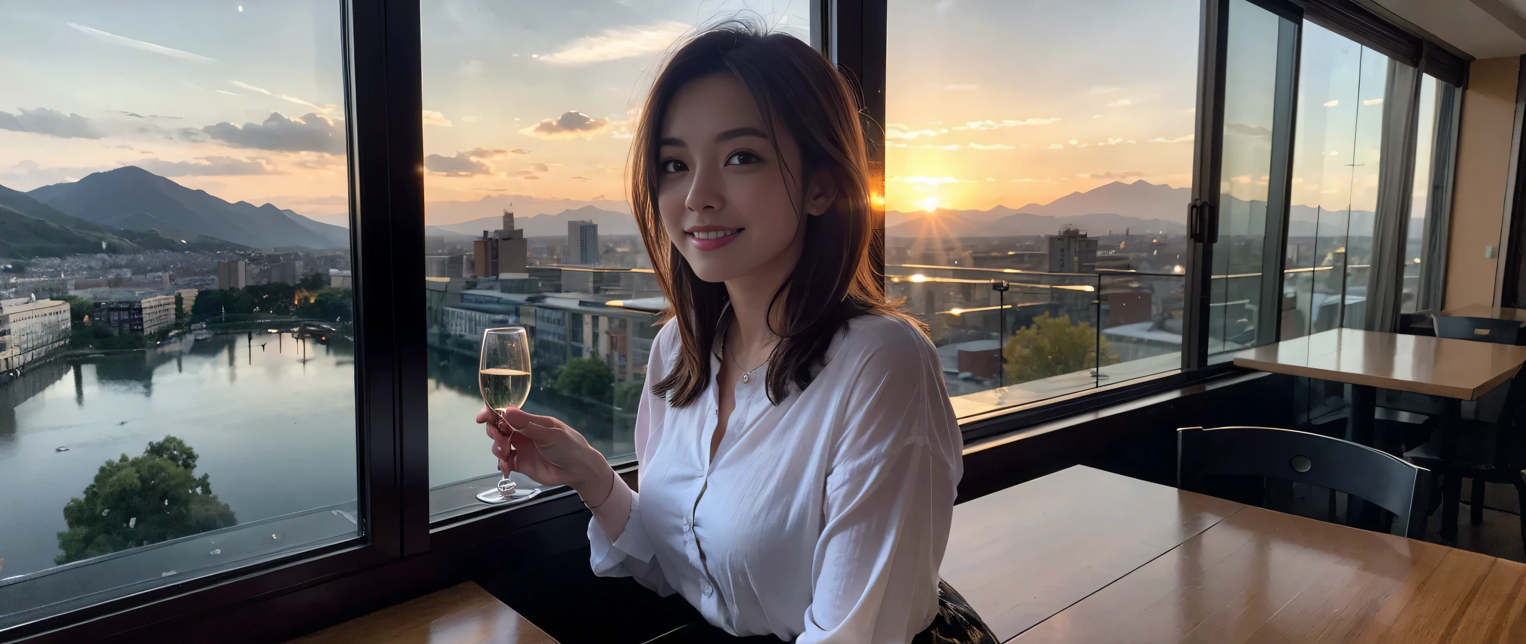 ((highest quality、8k、masterpiece:1.3))、Sharp focus:1.2、Beautiful woman perfect body:1.4、Slim body、((Bob Hale、Straight hair:1.2))、(to be born, highest quality, masterpiece:1.5), (Realistic, Intricate details:1.2), Ultra-high resolution, Spectacular view of the sunset sky and clouds、Amazing mountain views、A bright smile、wine glass、red wine 、Appetizer、Italian food、Wine bottle、Champagne、sparkling wine、, Beautiful Face, blue eyes, The light shines on your face, Blushing, short hair,Bright Face、Fox face、 (36 years old), 39 years old, Lady、Two beauties、brown hair、Shortcuts、Long sleeve shirt、dress、Pretty Woman 1, (slim face), (The body is slim), (brown hair), (Shortcuts), cheeks turn a little red,charming beauty、, Out of the window, A beautiful and detailed night view unfolds.........., restaurant, In a prominent place (From the waist up) Nova Frog Style, actress, model, Upper Body, White wine, slim, wine glass, A wine glass placed in the middle, smile, (smile: 1.15), Beautiful fine grain, Depth f/2,saturation, High Contrast, Strong light and shadow,Moist Body:1.5、3D texture、Delicate eyes、brown hair、The hair is very shiny、