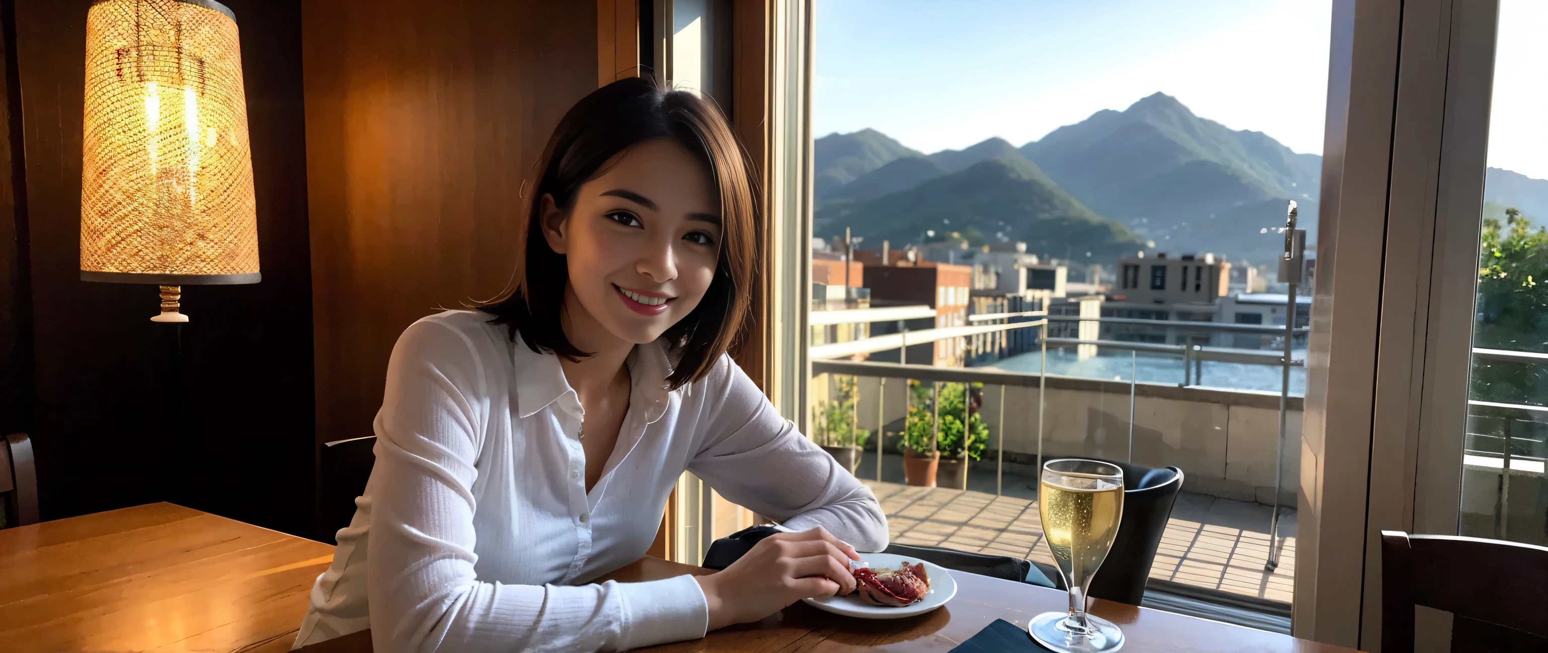 ((highest quality、8k、masterpiece:1.3))、Sharp focus:1.2、Beautiful woman perfect body:1.4、Slim body、((Bob Hale、Straight hair:1.2))、(to be born, highest quality, masterpiece:1.5), (Realistic, Intricate details:1.2), Ultra-high resolution, Spectacular view of the sunset sky and clouds、Amazing mountain views、A bright smile、wine glass、red wine 、Appetizer、Italian food、Wine bottle、Champagne、sparkling wine、, Beautiful Face, blue eyes, The light shines on your face, Blushing, short hair,Bright Face、Fox face、 (36 years old), 39 years old, Lady、Two beauties、brown hair、Shortcuts、Long sleeve shirt、dress、Pretty Woman 1, (slim face), (The body is slim), (brown hair), (Shortcuts), cheeks turn a little red,charming beauty、, Out of the window, A beautiful and detailed night view unfolds.........., restaurant, In a prominent place (From the waist up) Nova Frog Style, actress, model, Upper Body, White wine, slim, wine glass, A wine glass placed in the middle, smile, (smile: 1.15), Beautiful fine grain, Depth f/2,saturation, High Contrast, Strong light and shadow,Moist Body:1.5、3D texture、Delicate eyes、brown hair、The hair is very shiny、
