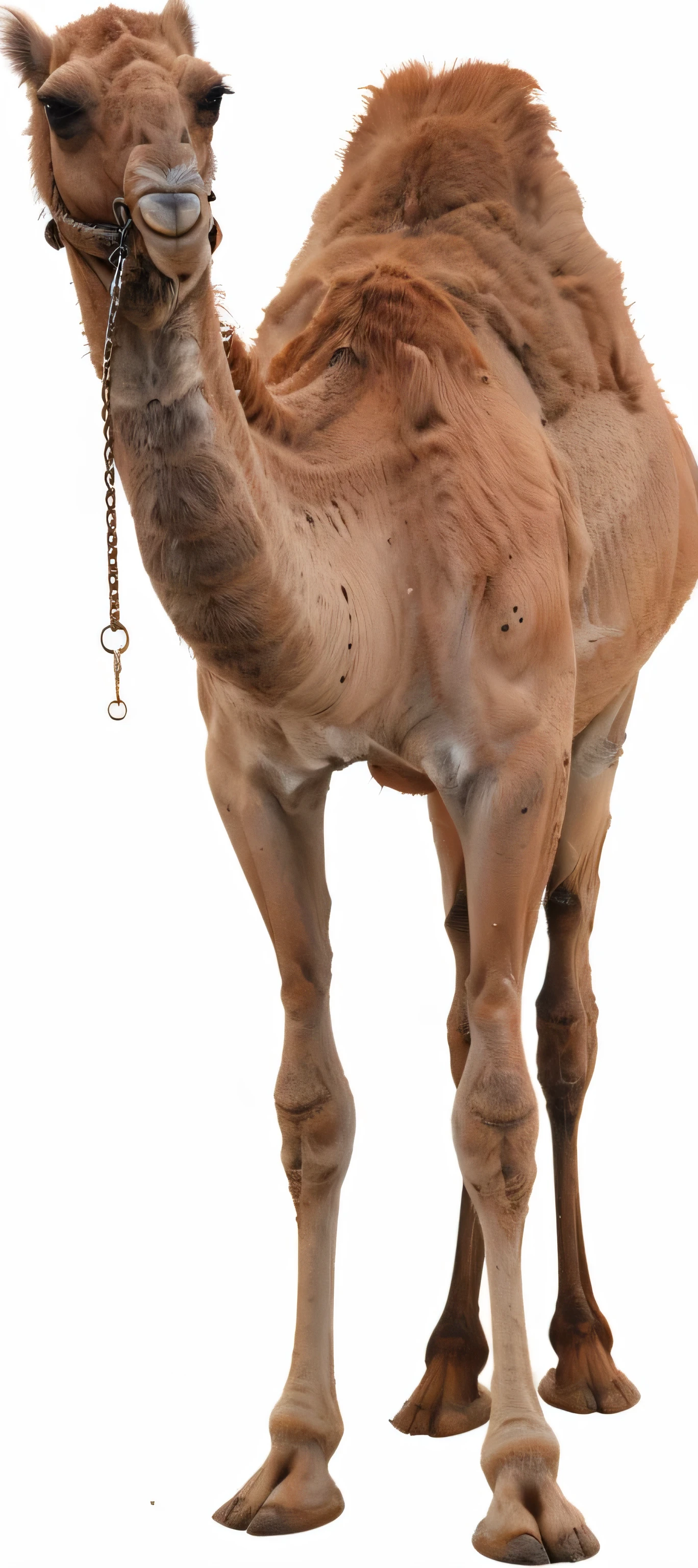 araffe with a chain on its neck standing on a white surface, camel, oversized_hindquarters, wretched camel, cyborg camel, male emaciated, an afghan male type, camel statue, camels, long neck, full - body and head view, coca cola in camel head, standing next to a camel, with narrow nose, a hyper realistic
