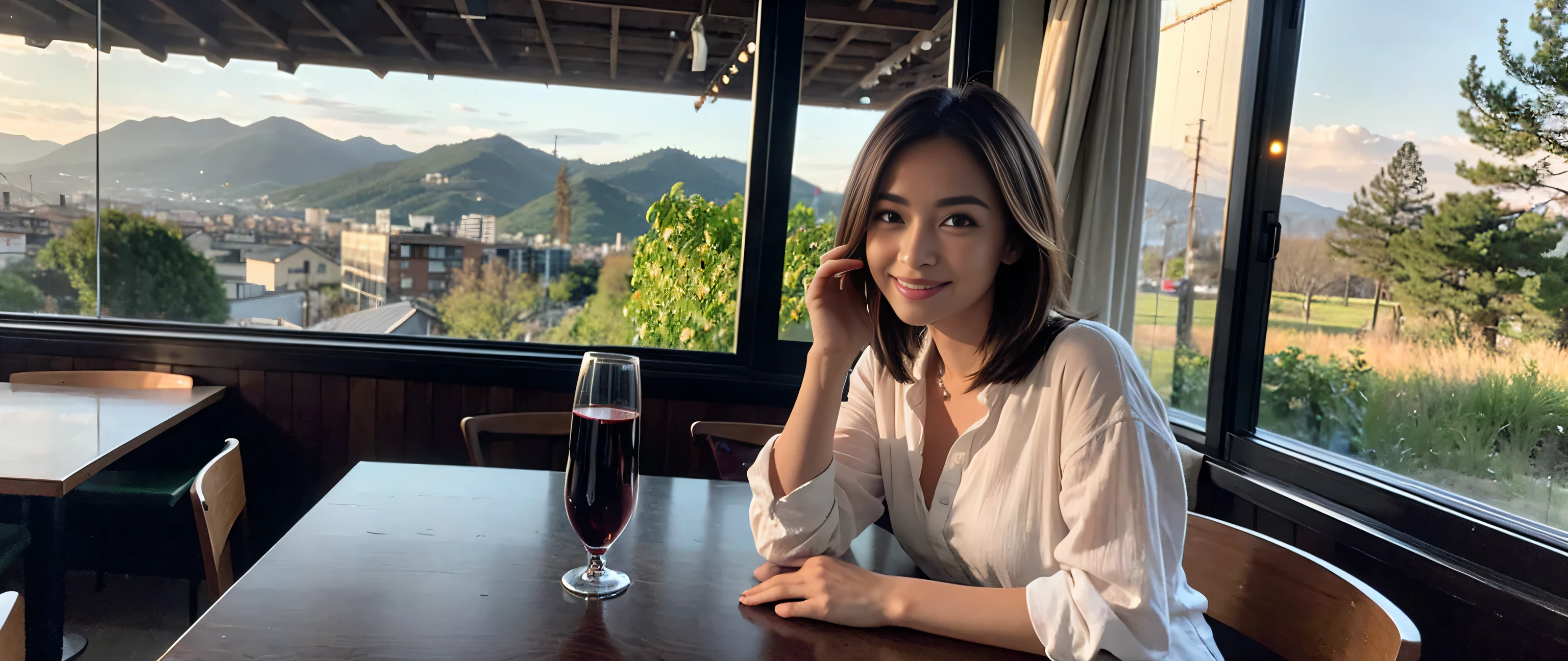 ((highest quality、8k、masterpiece:1.3))、Sharp focus:1.2、Beautiful woman perfect body:1.4、Slim body、((Bob Hale、Straight hair:1.2))、(to be born, highest quality, masterpiece:1.5), (Realistic, Intricate details:1.2), Ultra-high resolution, Spectacular view of the sunset sky and clouds、Amazing mountain views、A bright smile、wine glass、red wine 、Appetizer、Italian food、Wine bottle、Champagne、sparkling wine、, Beautiful Face, blue eyes, The light shines on your face, Blushing, short hair,Bright Face、Fox face、 (36 years old), 39 years old, Lady、Two beauties、brown hair、Shortcuts、Long sleeve shirt、dress、Pretty Woman 1, (slim face), (The body is slim), (brown hair), (Shortcuts), cheeks turn a little red,charming beauty、, Out of the window, A beautiful and detailed night view unfolds.........., restaurant, In a prominent place (From the waist up) Nova Frog Style, actress, model, Upper Body, White wine, slim, wine glass, A wine glass placed in the middle, smile, (smile: 1.15), Beautiful fine grain, Depth f/2,saturation, High Contrast, Strong light and shadow,Moist Body:1.5、3D texture、Delicate eyes、brown hair、The hair is very shiny、