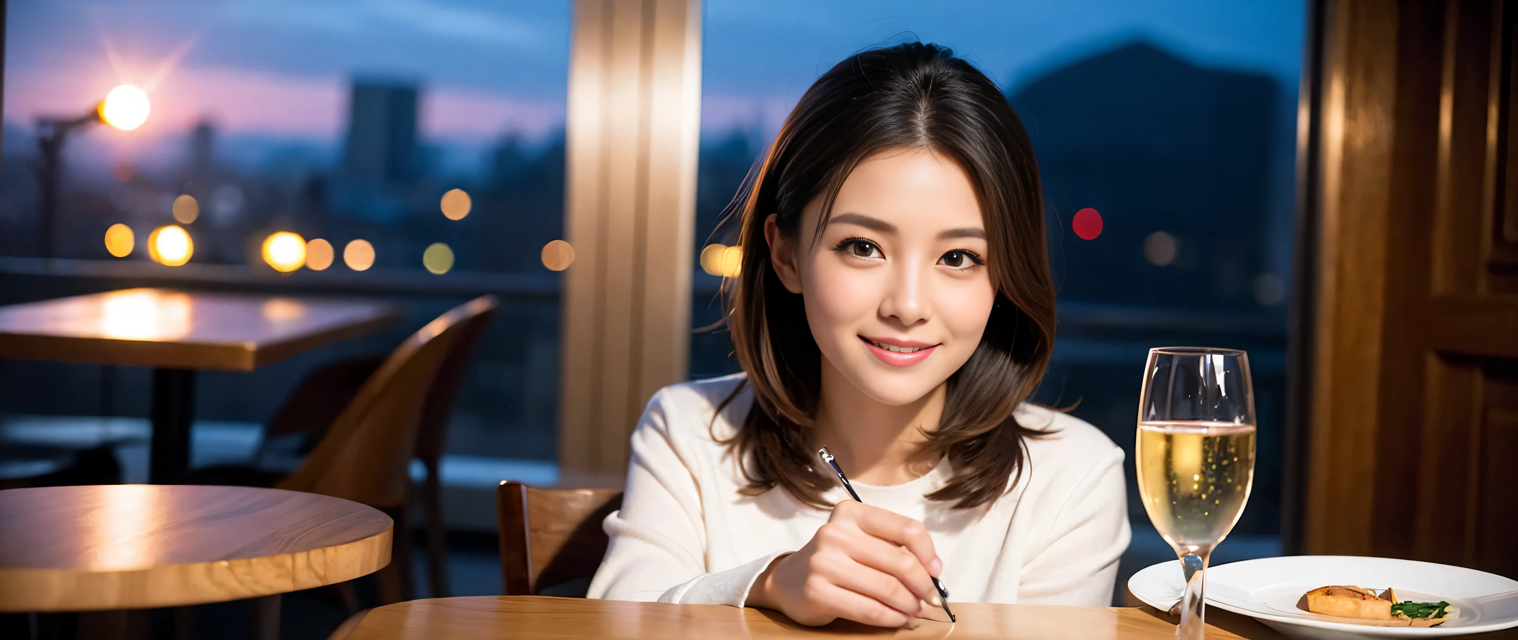 ((highest quality、8k、masterpiece:1.3))、Sharp focus:1.2、Beautiful woman perfect body:1.4、Slim body、((Bob Hale、Straight hair:1.2))、(to be born, highest quality, masterpiece:1.5), (Realistic, Intricate details:1.2), Ultra-high resolution, Spectacular view of the sunset sky and clouds、Amazing mountain views、A bright smile、wine glass、red wine 、Appetizer、Italian food、Wine bottle、Champagne、sparkling wine、, Beautiful Face, blue eyes, The light shines on your face, Blushing, short hair,Bright Face、Fox face、 (36 years old), 39 years old, Lady、Two beauties、brown hair、Shortcuts、Long sleeve shirt、dress、Pretty Woman 1, (slim face), (The body is slim), (brown hair), (Shortcuts), cheeks turn a little red,charming beauty、, Out of the window, A beautiful and detailed night view unfolds.........., restaurant, In a prominent place (From the waist up) Nova Frog Style, actress, model, Upper Body, White wine, slim, wine glass, A wine glass placed in the middle, smile, (smile: 1.15), Beautiful fine grain, Depth f/2,saturation, High Contrast, Strong light and shadow,Moist Body:1.5、3D texture、Delicate eyes、brown hair、The hair is very shiny、