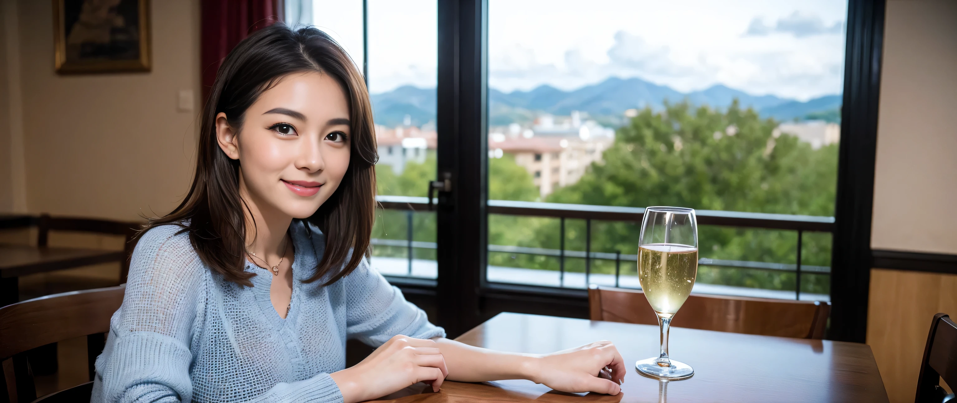 ((highest quality、8k、masterpiece:1.3))、Sharp focus:1.2、Beautiful woman perfect body:1.4、Slim body、((Bob Hale、Straight hair:1.2))、(to be born, highest quality, masterpiece:1.5), (Realistic, Intricate details:1.2), Ultra-high resolution, Spectacular view of the sunset sky and clouds、Amazing mountain views、A bright smile、wine glass、red wine 、Appetizer、Italian food、Wine bottle、Champagne、sparkling wine、, Beautiful Face, blue eyes, The light shines on your face, Blushing, short hair,Bright Face、Fox face、 (36 years old), 39 years old, Lady、Two beauties、brown hair、Shortcuts、Long sleeve shirt、dress、Pretty Woman 1, (slim face), (The body is slim), (brown hair), (Shortcuts), cheeks turn a little red,charming beauty、, Out of the window, A beautiful and detailed night view unfolds.........., restaurant, In a prominent place (From the waist up) Nova Frog Style, actress, model, Upper Body, White wine, slim, wine glass, A wine glass placed in the middle, smile, (smile: 1.15), Beautiful fine grain, Depth f/2,saturation, High Contrast, Strong light and shadow,Moist Body:1.5、3D texture、Delicate eyes、brown hair、The hair is very shiny、