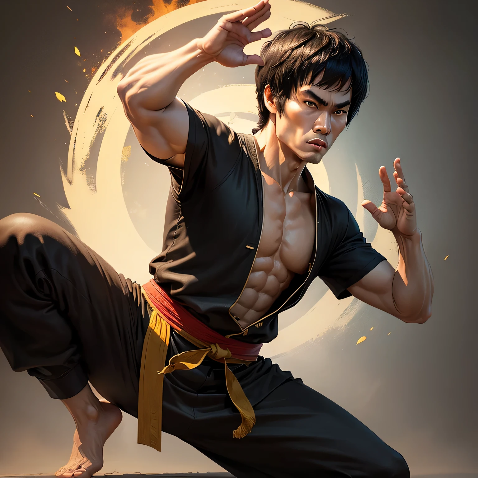 Kung Fu Master, Bruce Lee, hands in the air in kung fu style stance