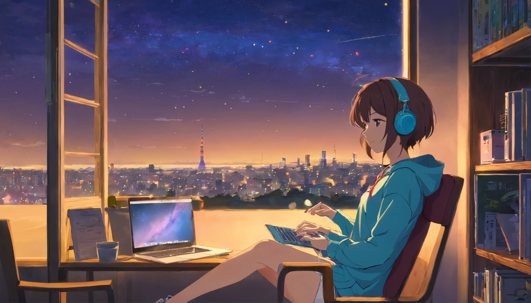 A young woman sitting on a chair and listening to music on headphones while working on a laptop in her room, Outside the window, under the starry sky at night. Capte a beleza e serenidade desta cena, com as flores suavemente iluminadas pela luz do luar. Japan