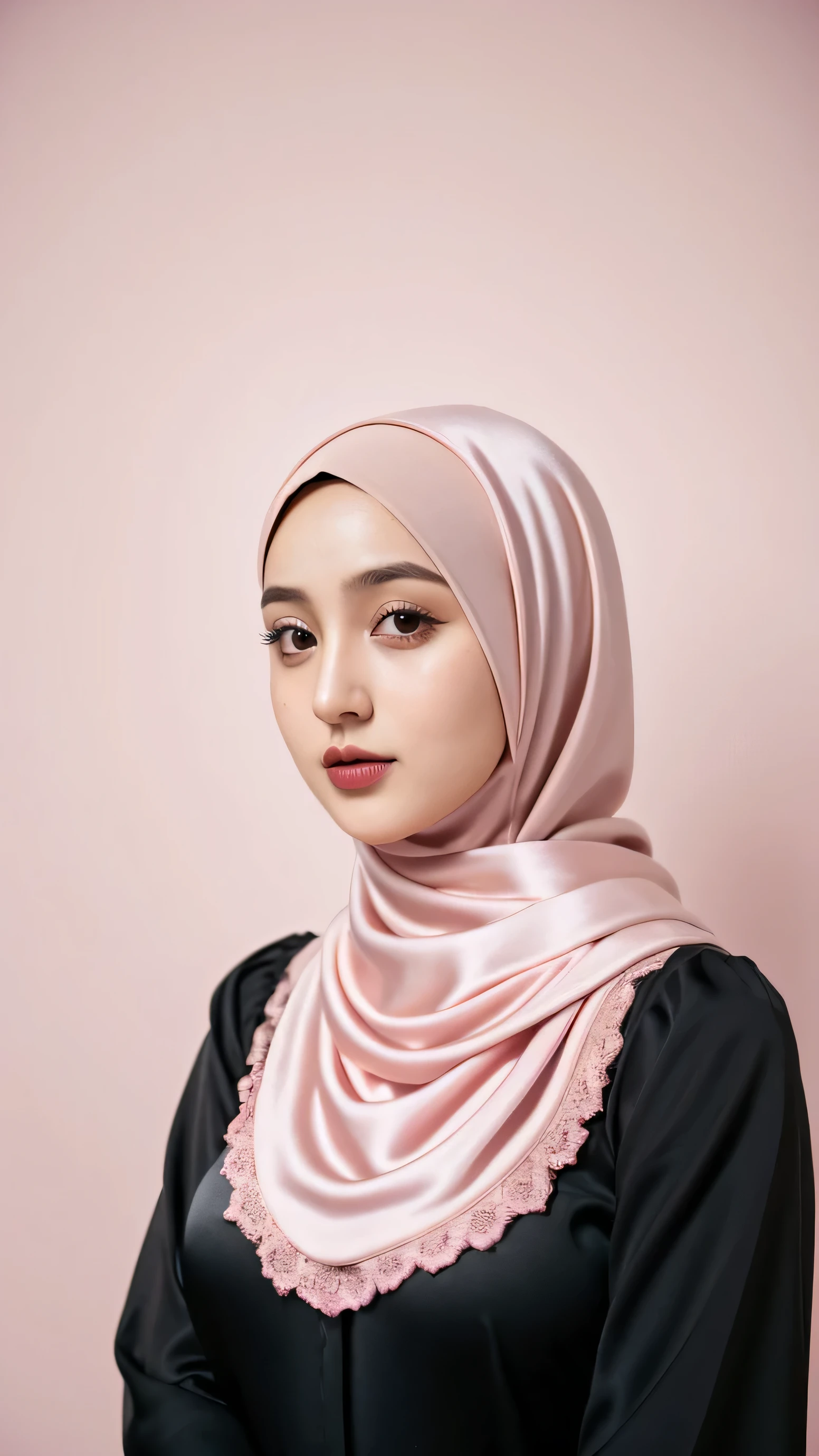 RAW photo of a 24 year old girl wearing modern hijab, gothic ta dress ((pink)), satin, hijab face portrait, neutral background, 8k uhd, dslr, soft lighting, high quality, film grain, Fujifilm XT3, covered dress, decent dress,huge tits:1.5