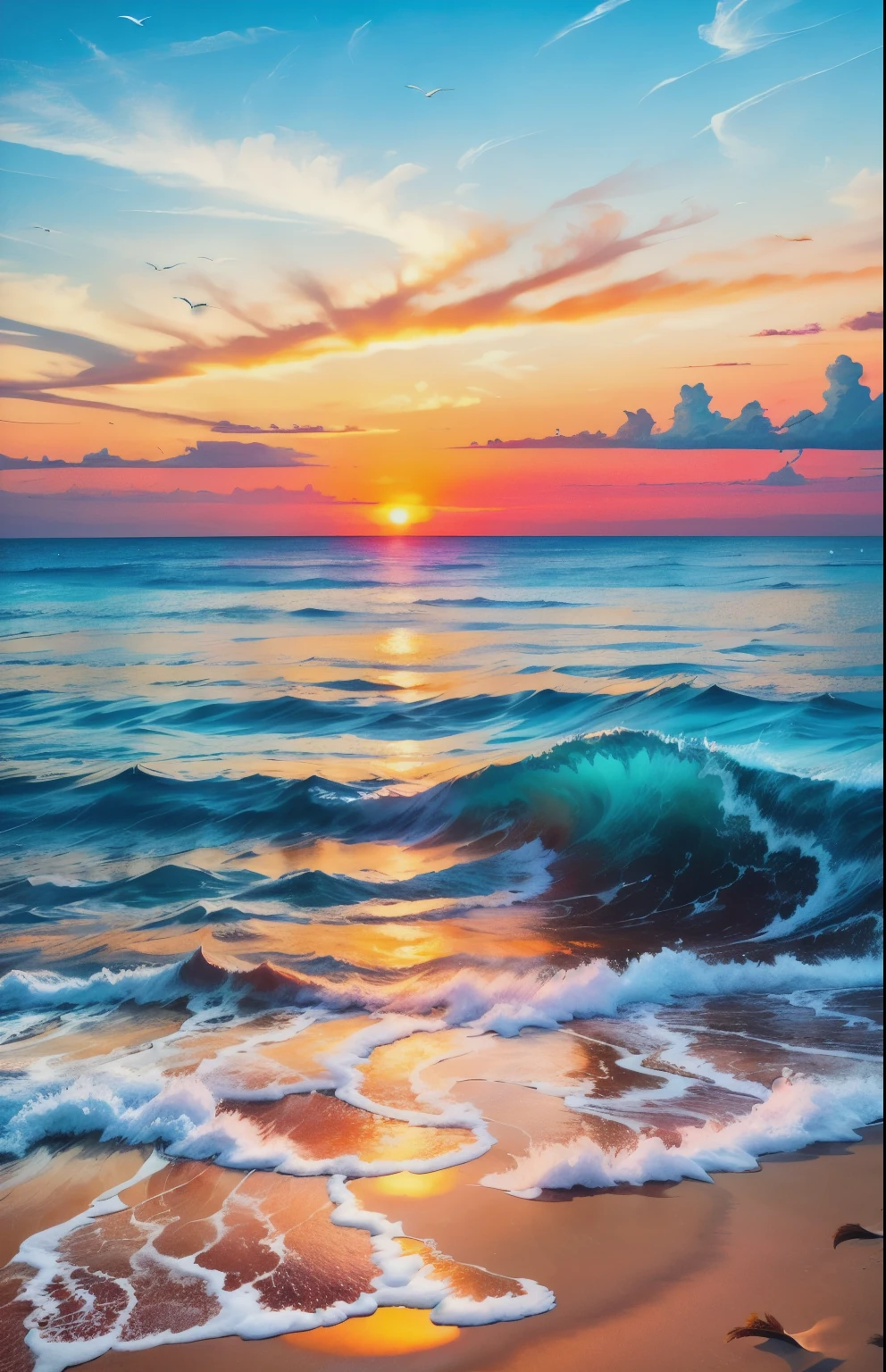 An absolutely mesmerizing sunset over the beach, with a blend of oranges, pinks, and yellows filling the sky. Crystal-clear waters of the sea gently kissing the shore, with sandy white beach stretching far and wide. The scene is dynamic and breathtaking, with seagulls soaring high in the sky and gently swaying palm trees. Take in the calming atmosphere and let the peacefulness wash over you.