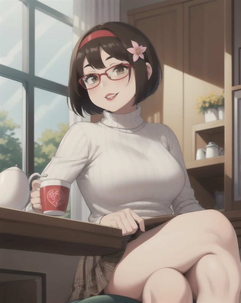 masterpiece, best quality, detailed face, 1girl, mature, mole, chubby, sitting on chair, crossed legs, white turtle neck sweater, long plaid skirt, brown skirt, inside, kitchen, windows, curtain, drawers, table, holding cup of tea, from below, duthc angle, flower pot, smiling, blushing, parted lips, short hair, bobcut, hairband, glasses, painted lips, red lips