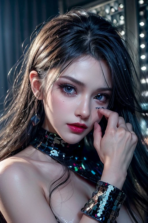 (Skin dents:1.5), Realistic, Realistic, (masterpiece:1.5), Concept Art, Intricate details, Very detailed, Realistic, Octane Rendering, 8k, Unreal Engine, Dynamic pose, highest quality, High resolution, (Realistic Face:1.1), (超Realistic:1.1), ((full_body)), Perfect Eyes,(Shiny skin:1.2), (((Hairstyle))), (((Perfect hands))), (Very detailed背景), ((Dimly lit room)), (Light), ((fine grain, High quality eyes, High quality face)), (((flowing Hairstyle))), wonderful, Written boundary depth, Bokeh, 4K, Gothic, , Lightning, Glowing blue iris, At night、(((Navy blue sequins 1.5))),(((Full Nudity 1.5)))、small breasts 1.5