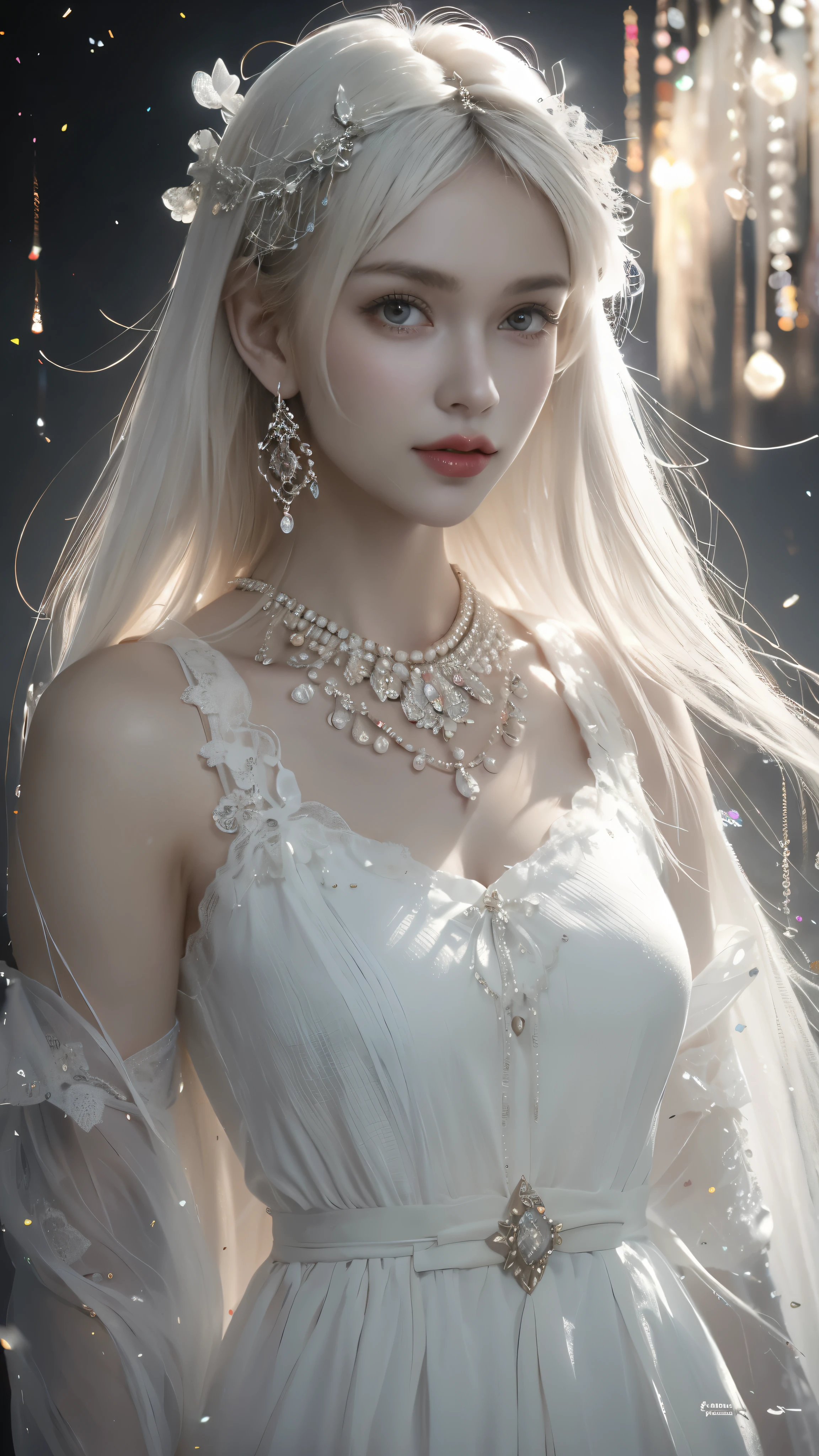 extremely beautiful girl，long white hair，Big bright eyes，Fair and translucent skin，Red lips，Oval face，Ruddy complexion，Real and delicate facial features，Crystal necklace，earrings，Exquisite hair accessories，White antique clothes，Make hair smooth，Charming temperament，Extreme details，realistic detailed masterpiece），（best quality），（Ultra-delicate），（illustration），（Extremely refined），（Dynamic angle），Neon highlights，personification，Crystal elements，（Intricate details）（Beautiful and delicate eyes），Delicate face，Half-length close-up，Pearl decoration on the head，（Lovely），Key Points，（fantasy style），White fairy yarn clothes，（Intricate details），20 years old，Clamp Style，Clear lineage effect，high resolution