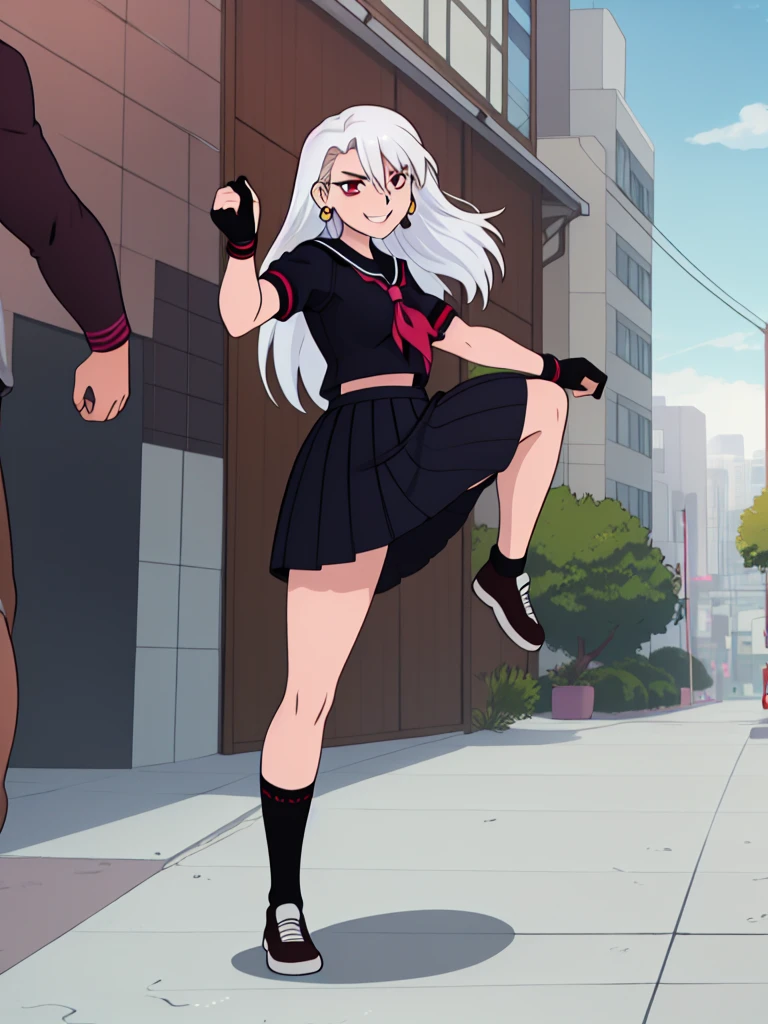 cartoon, sukeban illyasviel_von_einzbern, mature_female, silver hair, holding yoyo, combat pose, full body, flowing hair, hair between the eyes, asymmetrical hair, red eyes, delicate facial features, sukeban deka clothe, looking_at_viewer, outdoors, background tokyo, ((solo girl ))+++++, woman in a 80's sukeban seifuku standing on a set of strees, black , 80's japanese sukeban photo, sukeban seifuku,  80's japan, sukeban, long black skirt, red converse, full body, light skin tone female, full body, tape, arm_support, gloves, red_gloves, bridal gauntlets, blackred_footwear, fighter outfit, full body, hourglass, mature face, cheeky smile, cheeky face, wrinkles,( silver long hair, earrings, ear piercings), (fighting art, Martial arts, standing, fighting_stance, fight, fighting), extra colors, 2D, megapixel, perfectionism, accent lighting, full HD , 4K, masterpiece, empty red eyes,  extra colors, 2D, megapixel, perfectionism, accent lighting, full HD , (Masterpiece:1.2), (full-body-shot:1),(cowboy shot:1.2), (Highly detailed:1.2),(anime Detailed Face:1.2), Colorful, A detailed eye, (Detailed landscape:1.2), (natural lighting:1.2), ((sukeban school teacher)) by Vincent Di Fate: Aidyllery, Anamorphic Shot, rule of thirds, face by Artgerm and WLOP, ((street of rage 4 city backround)), fictive city backround in the style art of street of rage 4,