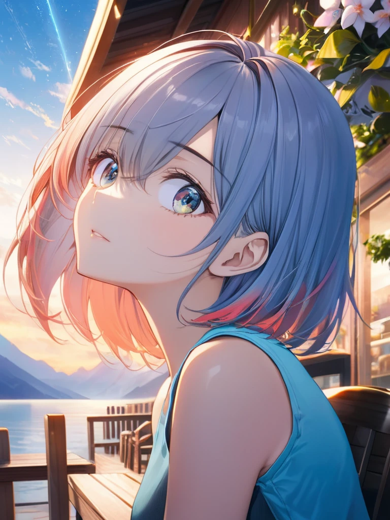 (looking up at the sky:3.5),(from side:1.5),(masterpiece:1.2), (best quality),(ultra detailed),(extremely detailed),(absolutely resolution) ,absurdres,8k, 1girl-drinking-hot-coffee-in-cafeteria-outdoor,sitting-on-the-woody-chair, cake, beautiful-landscape-background, mountain, shinny-lake, flowers,
BREAK, ultra detailed eyes, bobcut, (gradation hair:1.3), tanktops, skirt,