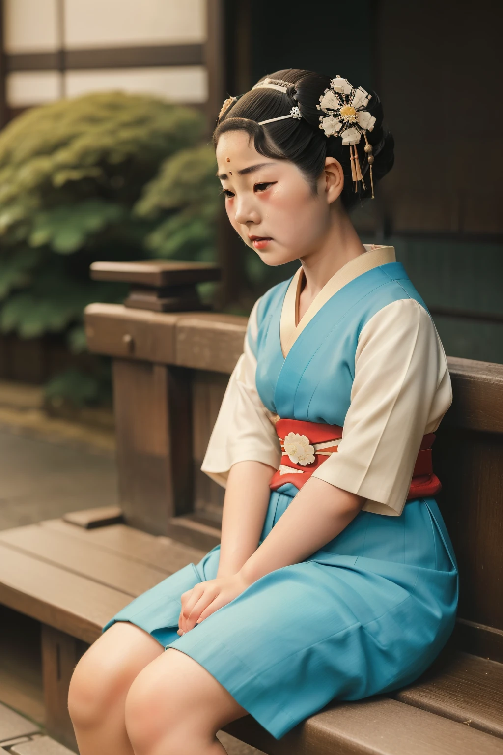 Kioto, 1935. A young ((((15-year-old)) Hatsumiyo)), round face, chubby cheeks, skinny figure, kind, gentle, sittin on a street bench, ((((crying)))), ((((geisha girl clothings from the 1930s)))), ((geisha hairstyle of the 1930s)), color