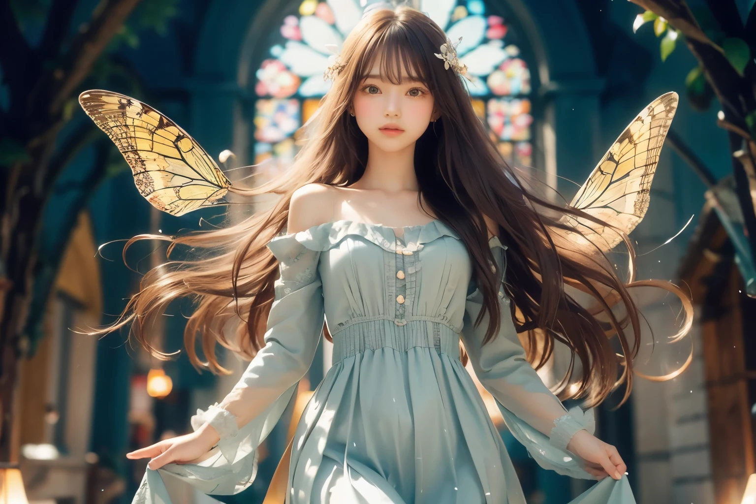 1 girl, masterpiece, very detailed, ((cinematic lighting)), (shine), ((dramatic lighting)), ((beautiful delicate shine)), intricate details, Lens flare, blonde, long hair, colorful dresses, butterfly hair ornament, butterfly, (particles of light), turn your arms behind your back, medium chest, [take up], cowboy shot, light smile, green eyes, church, Stained glass, Spotlight, dark background, floating hair, floating hair, looking at the viewer,((colorful))