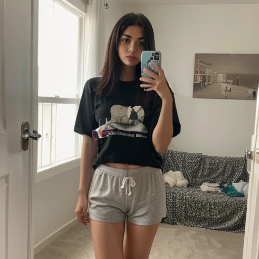 Selfie, thin Arab girl, standing, legs together, PJ shorts, loose t-shirt 