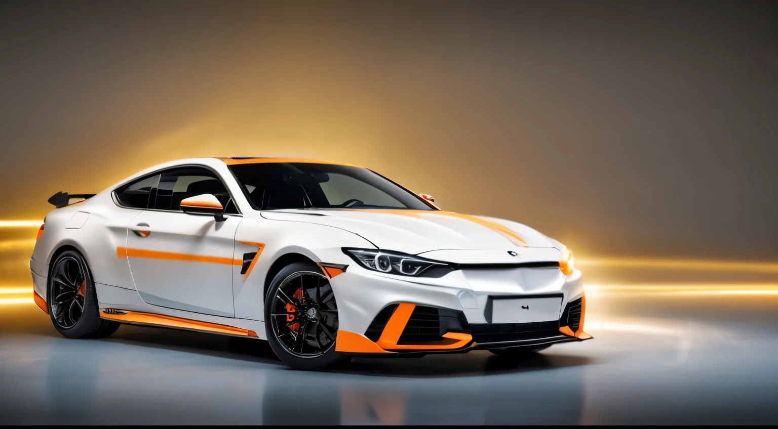 (masterpiece)+, (highest quality)+, (Intricate details)+, Please design me the most beautiful car in the world., White paint with orange highlights, Showroom Concept, Lens flare, Camera artifacts, Professional Photographer, 4K, High resolution, Vertical Symmetry