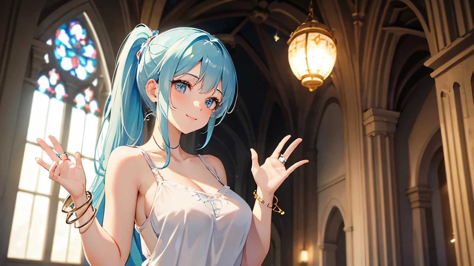Beautiful girl with light blue hair in a ponytail shoulders exposed camisole Big Breasts Inside the church smile fine Waving both hands Wearing a bracelet Wearing a ring