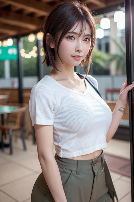 (8k、Photorealistic、Raw photo、highest quality: 1.3)、(real skin),Beautiful expression、High Detail、超A high resolution、(One Girl)、Super Beauty、(True Face)、(boyish、Natural color very short hair)、Rough chest T-shirt、Captivate your audience、Beautiful breasts、Lover's point of view、Beautiful smile、attractiveSurreal、hanikami,(cargo pants:1.2,forest green)