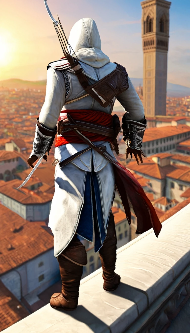 digital painting, (Assissin's Creed:1.3), Ezio Auditore standing on the roof of the dome of the Cathedral of Santa Maria del Fiore in Florence, the tallest building in Florence, Ezio stands at the top and watches the sun rise over Florence, detailed, Assassins Creed style