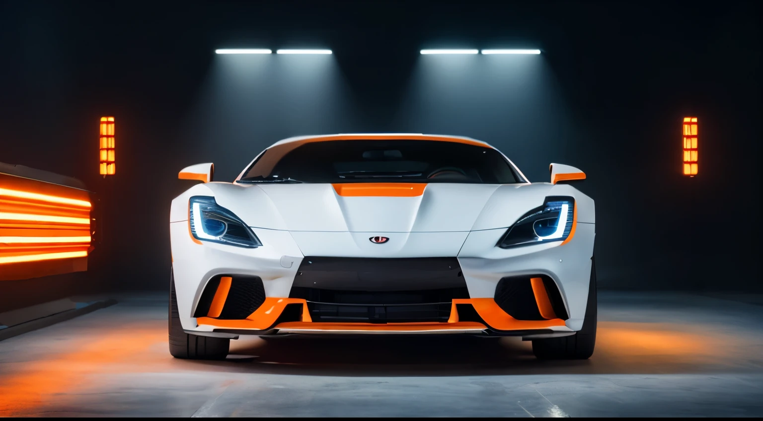 (masterpiece)+, (highest quality)+, (Intricate details)+, Please design me the most beautiful car in the world., White paint with orange highlights, Showroom Concept, Lens flare, Camera artifacts, Professional Photographer, 4K, High resolution, Vertical Symmetry