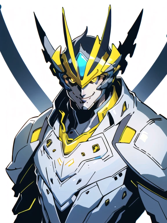 (Illustration, high resolution, best quality: 1.5, masterpiece, minimalist, simplistic detail, anime) solo: 2, teenager, trench coat, white hair, messy hair, yellow eyes, smiling, half body, glowing eyes, male, jim lee, mecha, mecha, visor, dark armor,