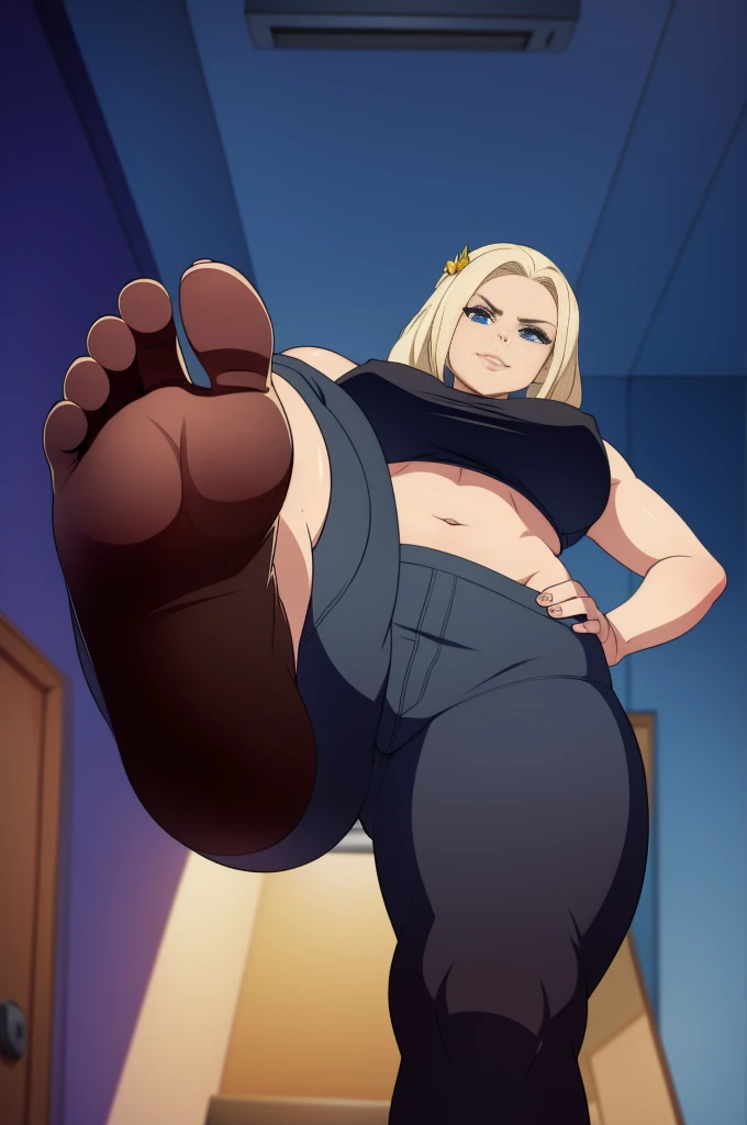 Woman stomping her foot, footstomp, curvy, busty, evil smirk, dominant stare, thick thighs, view from below