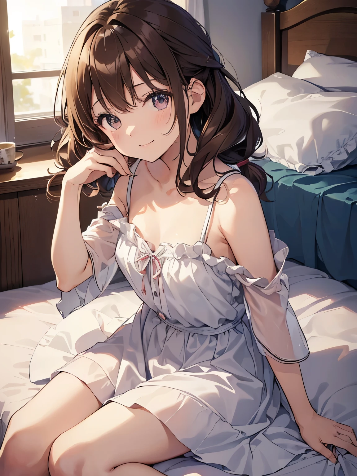 Late night bedroom、electric lights、Beautiful girl with brown hair lying on her back in bed、20-year-old、From above、Dimly lit room、Amber lighting、Embarrassed face、Very detailed, Ultra-high resolution,Camisole dress、(Highest qualityのイラスト:1.2), (cute女の子:1.1), (1 girl, alone:1.5), (1 girl、20-year-old、Childish、One Pose、cute、A neat image、((1 girl、alone)), (Highest qualityのイラスト:1.2), (cute女の子:1.1), (Small breasts、Very detailedなな目:1.2)、Brown Hair、short hair、Wavy Hair、Blake is(Highest quality、Very detailedな、Very detailedで美しい、Ultra-high resolution、Detailed arms:1.2)