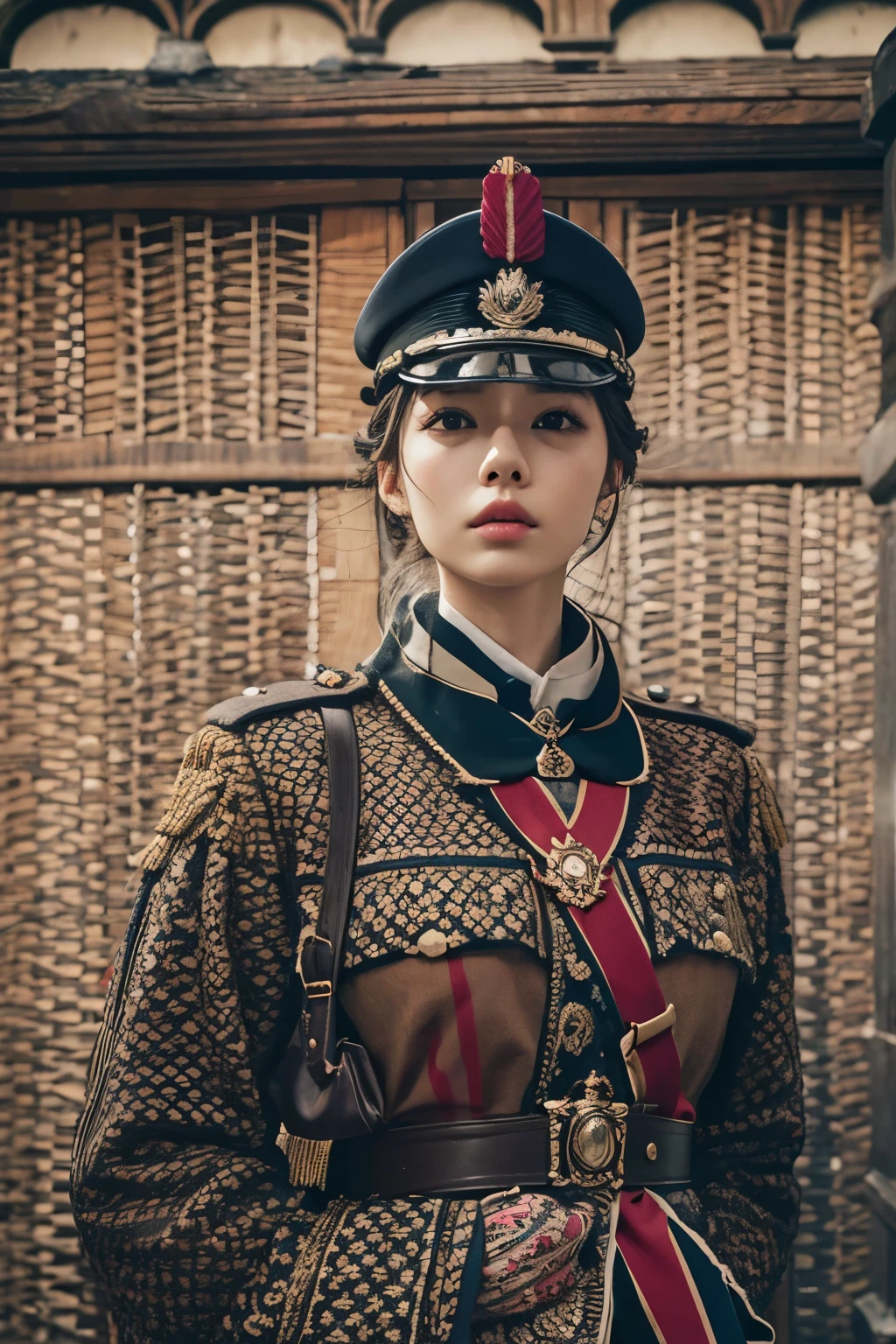 (higher resolution), british guards 털모자와 옷을 입은 아라페드 여성, british guards, No makeup , without makeup, portrait of a girl, Profile picture, Use Instagram Filters, Subtle soft and dim light, perfect face, julia sardinian, 💂🏻, Buckingham, 