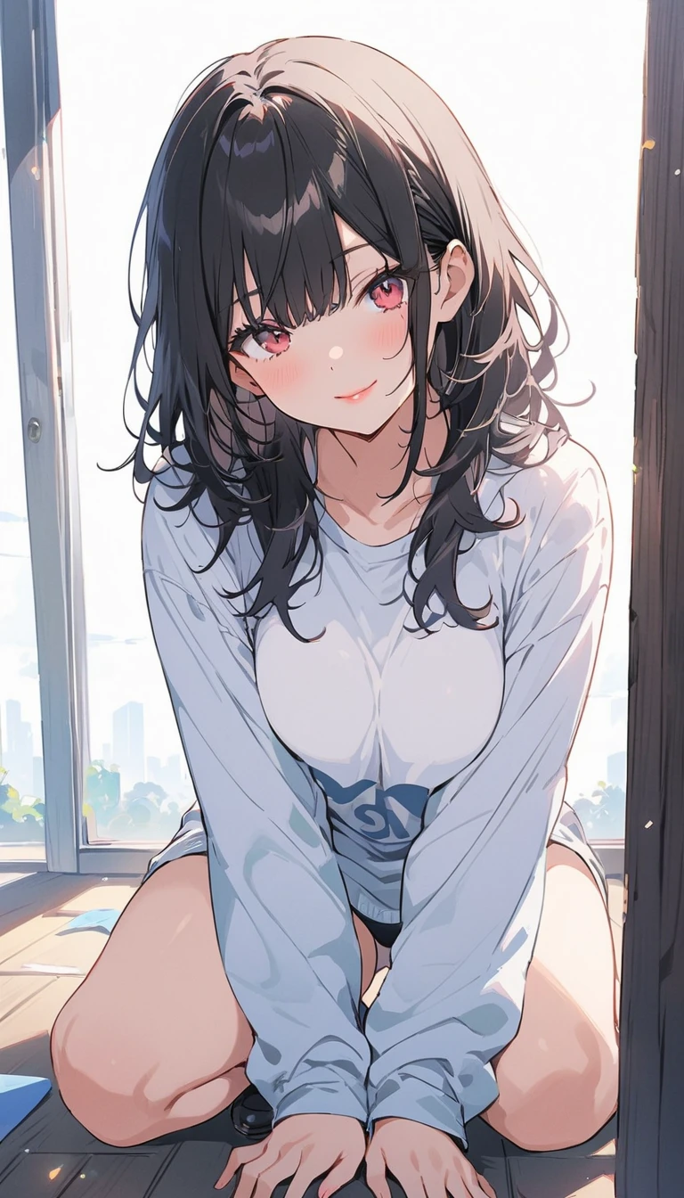 ((masterpiece)),((highest quality)),Absurd,, One girl, One boy, Squatting cowgirl, throw, , Exposed panties, , (classroom:1.1), sunlight, , (Half-closed eyes:0.4), (Lips parted:1.4), A light smile, (Nervous),(highest quality、masterpiece、High resolution、detailed)animeスタイル、flat style、(Shining Eyes、detailed美しい顔), BREAK,anime、flat style
